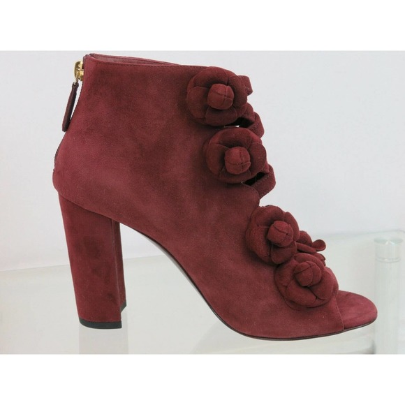 CHANEL G33035 BURGUNDY SUEDE CAMELLIA FLOWER OPEN TOE LOGO SHORT BOOTS PUMPS 37